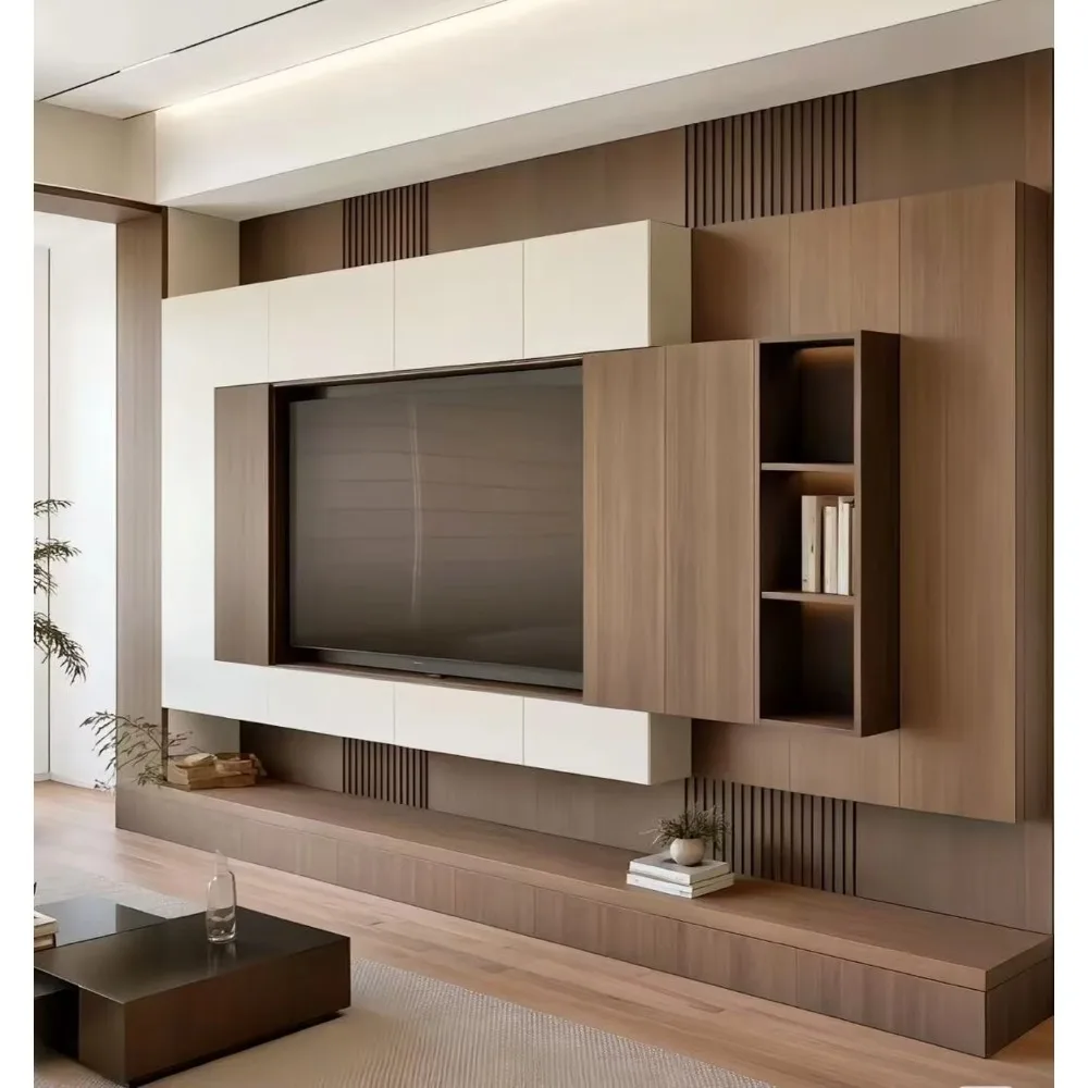 Office Furniture Custom - モダンなカスタム木製ロータイプテレビ台、パネルデザイン、高さ調節可能、65インチ以上のテレビに対応、リビングルーム、寝室、ホームオフィスに最適