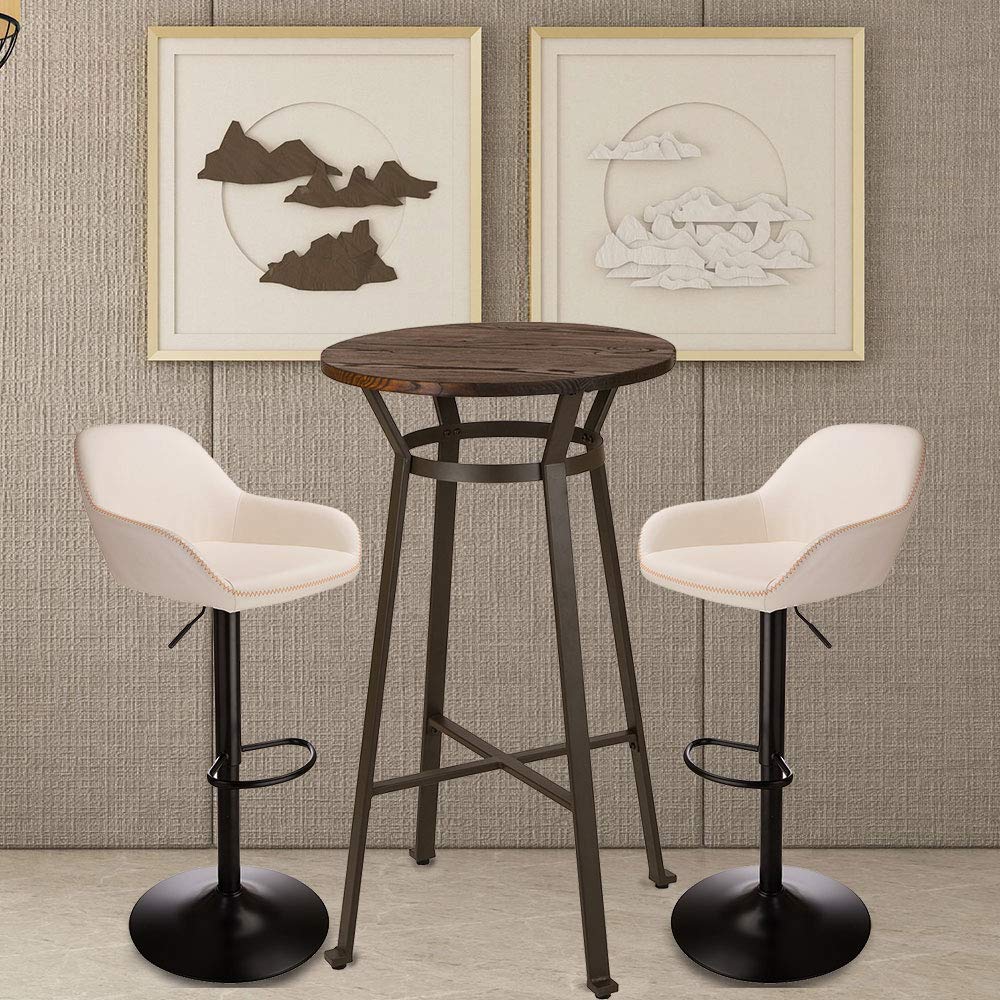 Office Furniture Custom - 3ピースパブテーブル＆回転式PUバースツールセット、高さ調節可能、素朴なダイニングキッチンアイランド、ビストロ、オフィス、狭いスペース用、カスタマイズ可能