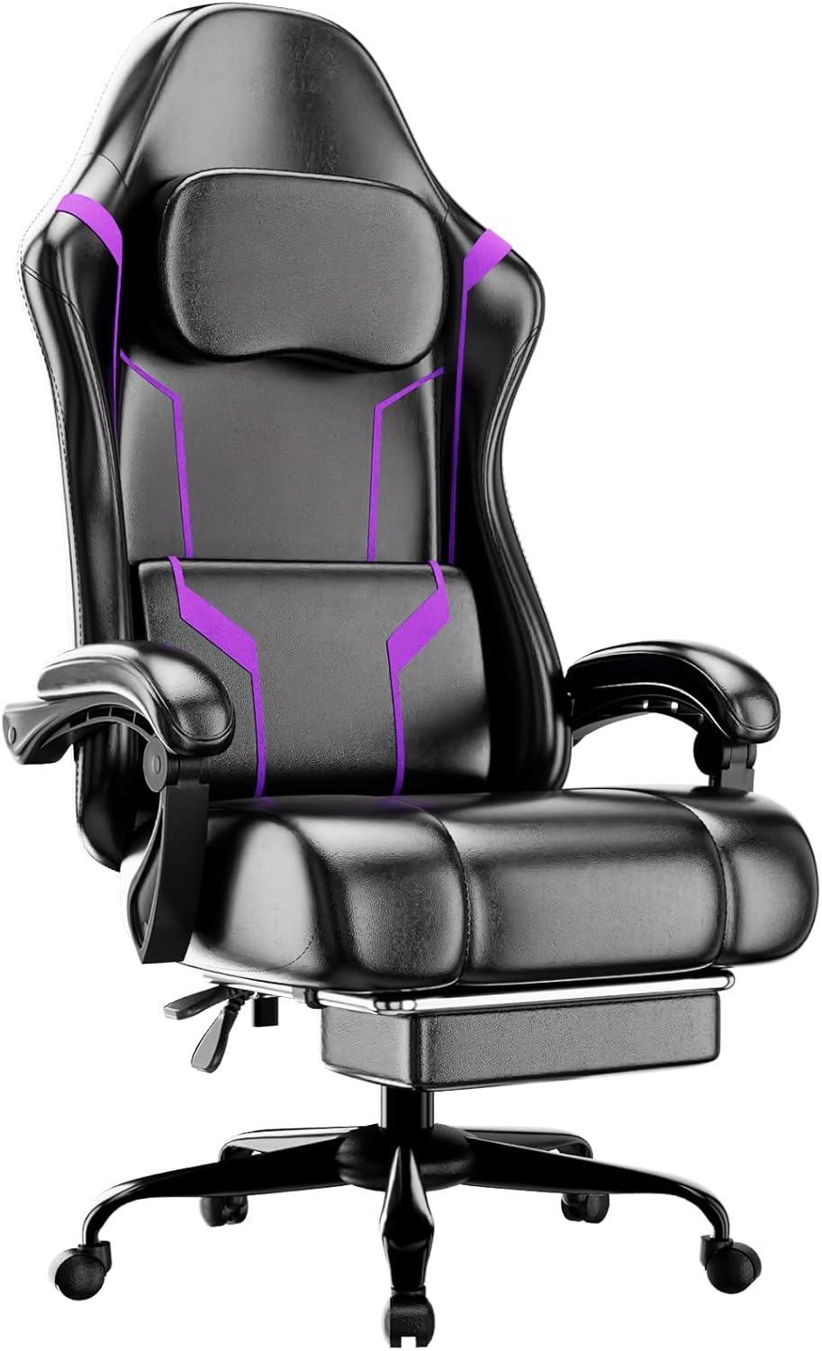 Office Footrest Cushion - ポケットスプリングクッションとフットレスト付き人間工学に基づいたゲーミングチェア、高さ調節可能な回転式コンピューターチェア、ホームオフィス用、パープル