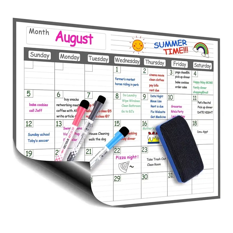 Magnetic Whiteboard Calendar - 磁気冷蔵庫、ドライイレースカレンダー、月次プランナー、ホワイトボード、メッセージオーガナイザー、キッチン冷蔵庫、12 