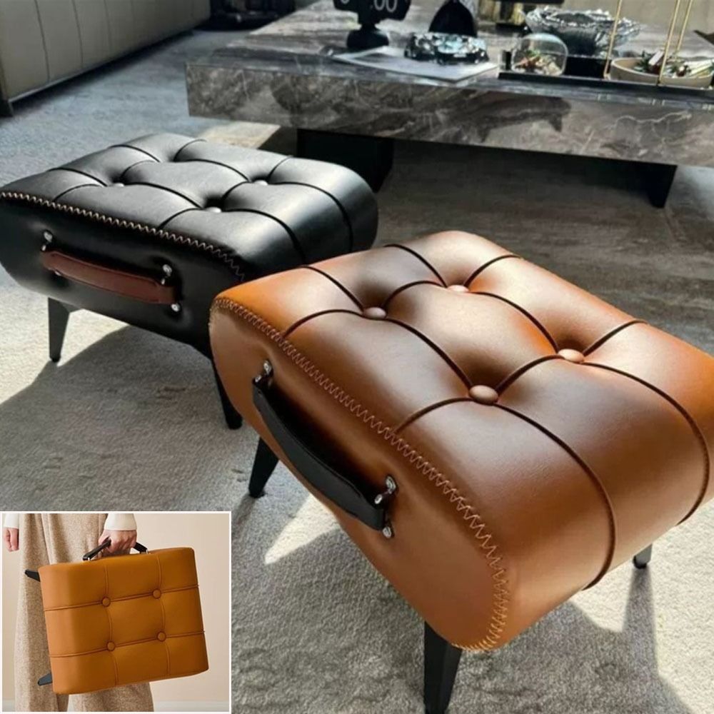 Office Footrest Cushion - 新しい省スペースフットスツール高反発ポータブルスツールチェアPUレザーハンドル付き靴交換スツールホーム