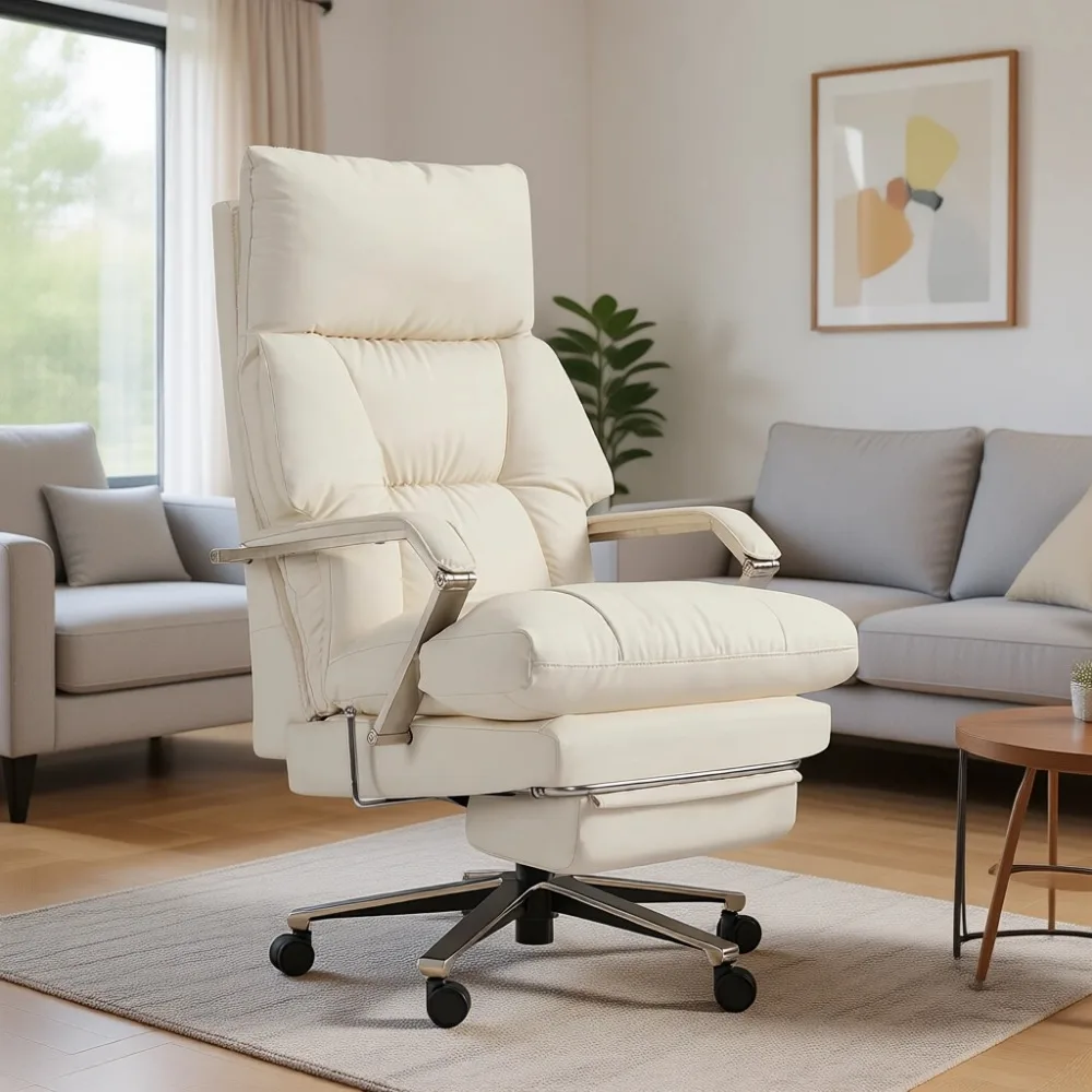 Office Footrest Cushion - 160 ° フットレスト付きリクライニングエグゼクティブオフィスチェア、調節可能なシート深さ、厚さ8インチのクッション、耐荷重420ポンド、クリーム色
