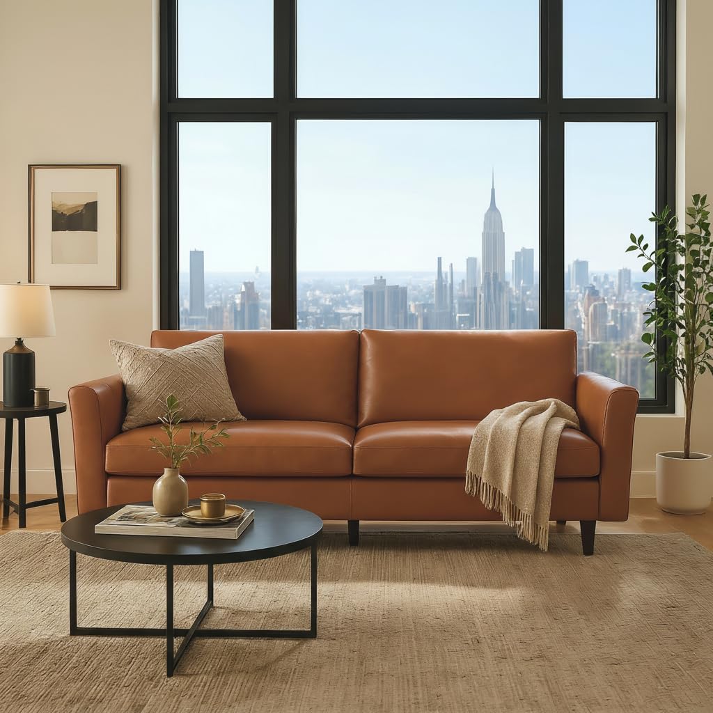 Office Furniture Custom - 80インチフェイクレザーソファカウチ、ミッドセンチュリーモダンレザーカウチ、ロールアームと深いシート付き、ブラウンレザーソファ、カスタムメイド