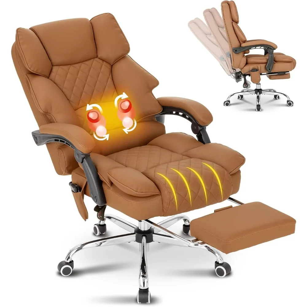 Office Footrest Cushion - 加熱機能付き揉みほぐしマッサージエグゼクティブオフィスチェア、90-135 ° フットレスト付きリクライニングオフィスチェア、車輪付きコンピューターデスクチェア、ダイヤモンドステッチクッションレザーオフィスチェア（ブラウン）オフィス